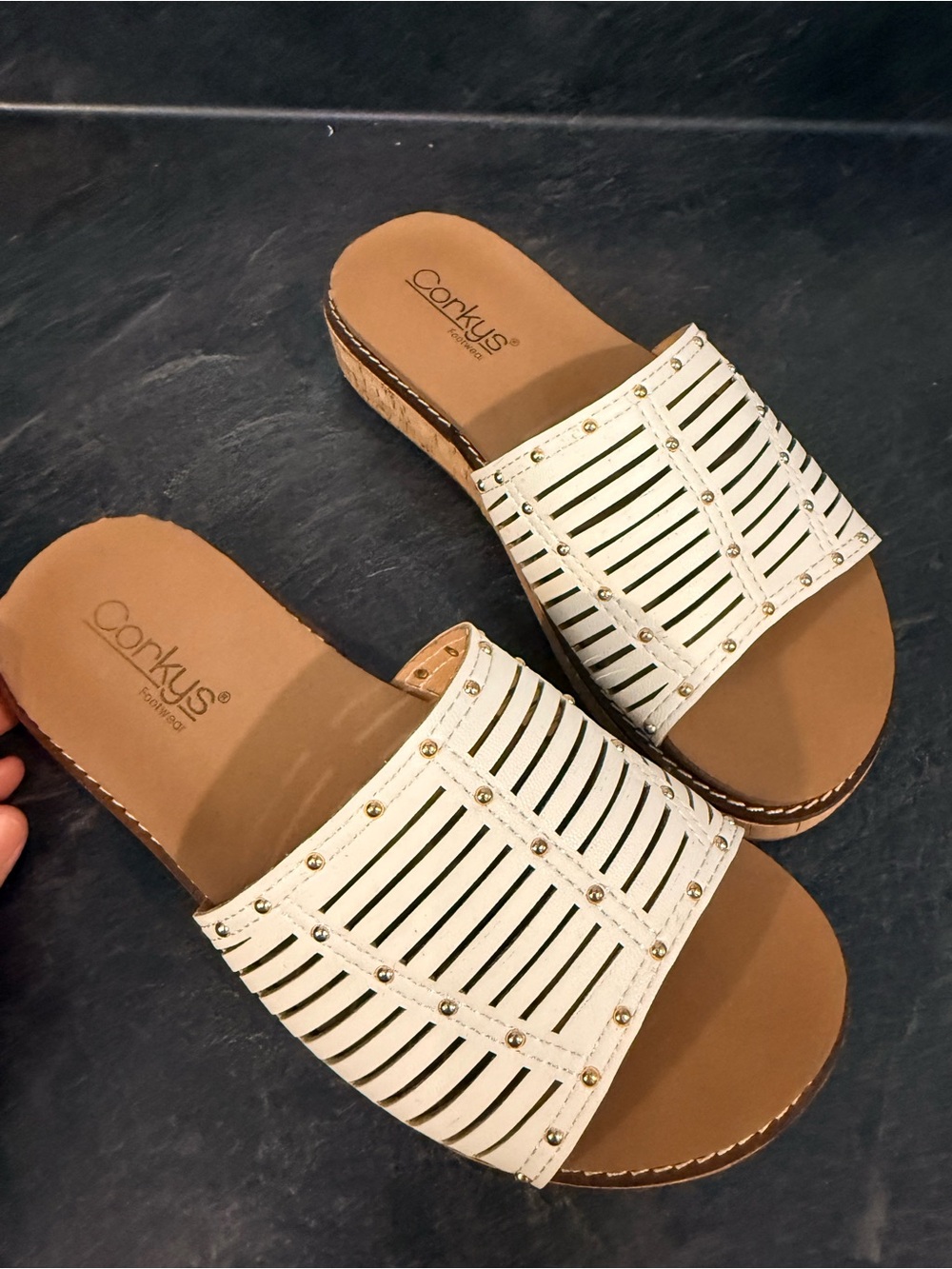 Corkys White Laser-Cut Slide Sandals with Gold Studs
